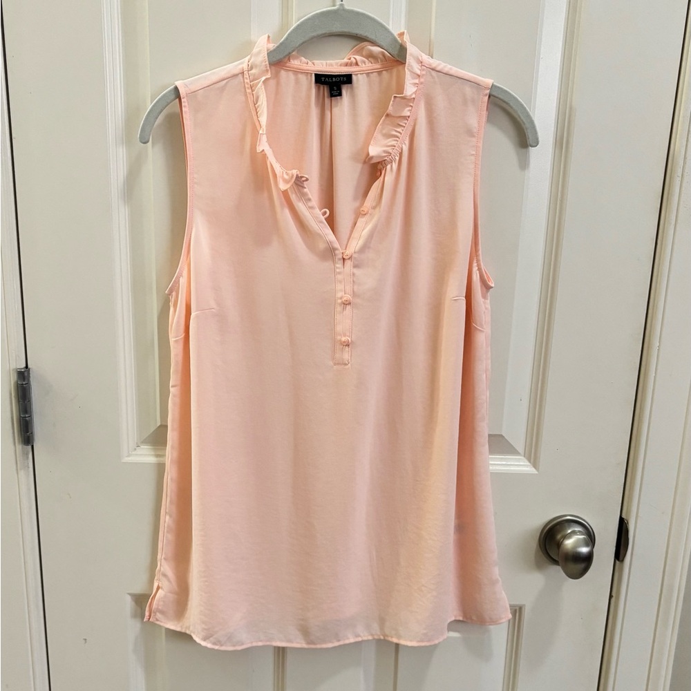Talbots Soft Pink Ruffled Neck Popover Blouse